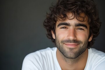 Obraz premium Close-up portrait of a smiling man with curly brown hair and a beard. Ideal for projects needing a friendly, approachable male image.