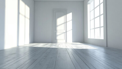 Obraz premium Empty room interior, sunlight through windows, wooden floor, design concept