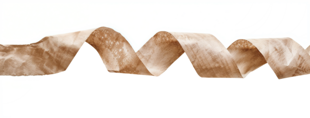 Textured sepia ribbon with aged patina effect creating a graceful spiral shape. Vintage paper scroll with distressed surface and dynamic flowing curves in brown tones.