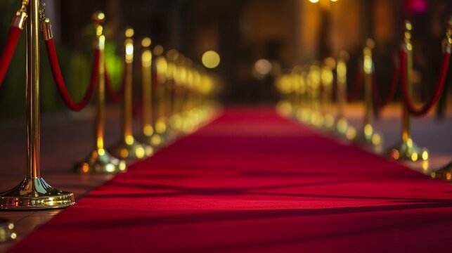 Red carpet pathway lined with golden posts and velvet ropes at an elegant evening event in a bustling city