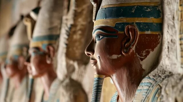 Carved pharaoh statues with vibrant headdresses revealing regal bearing, standing within sunlit Hatshepsut Temple architectural spaces, exemplifying historic sculptural mastery
