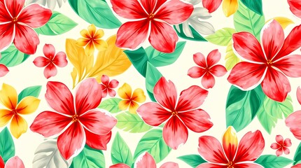 Fototapeta premium A vibrant seamless pattern featuring a repeating motif of stylized tropical flowers in hues of coral pink, sunshine yellow, and emerald green, rendered in a watercolor style with soft .