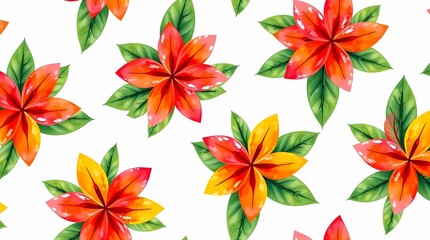 Obraz premium A vibrant seamless pattern featuring a repeating motif of stylized tropical flowers in bold hues of pink, orange, and yellow, rendered in a digital painting style with a slightly impre.