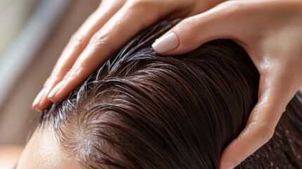Obraz premium Relaxing scalp massage with nourishing oil in a serene spa environment for rejuvenation and stress relief