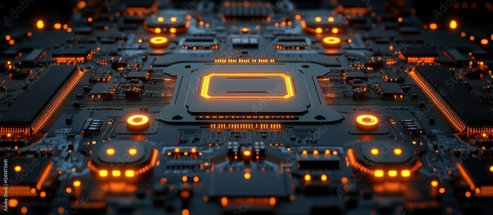 Poster abstract close-up of circuitry with glowing components and patterns