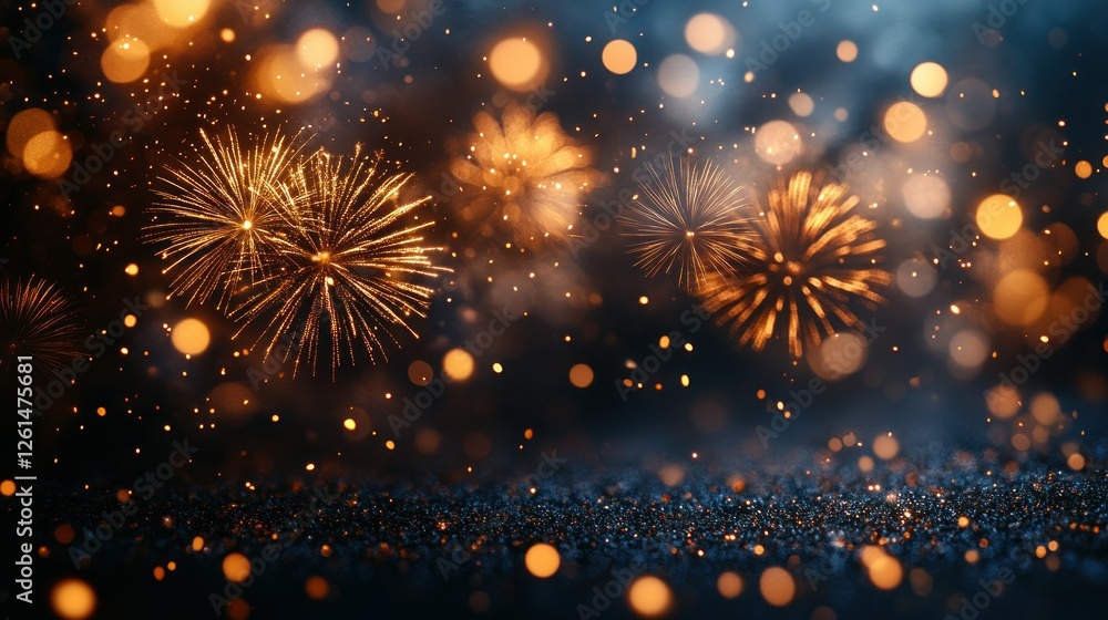 Poster vibrant fireworks display with bokeh effect and glowing particles at night