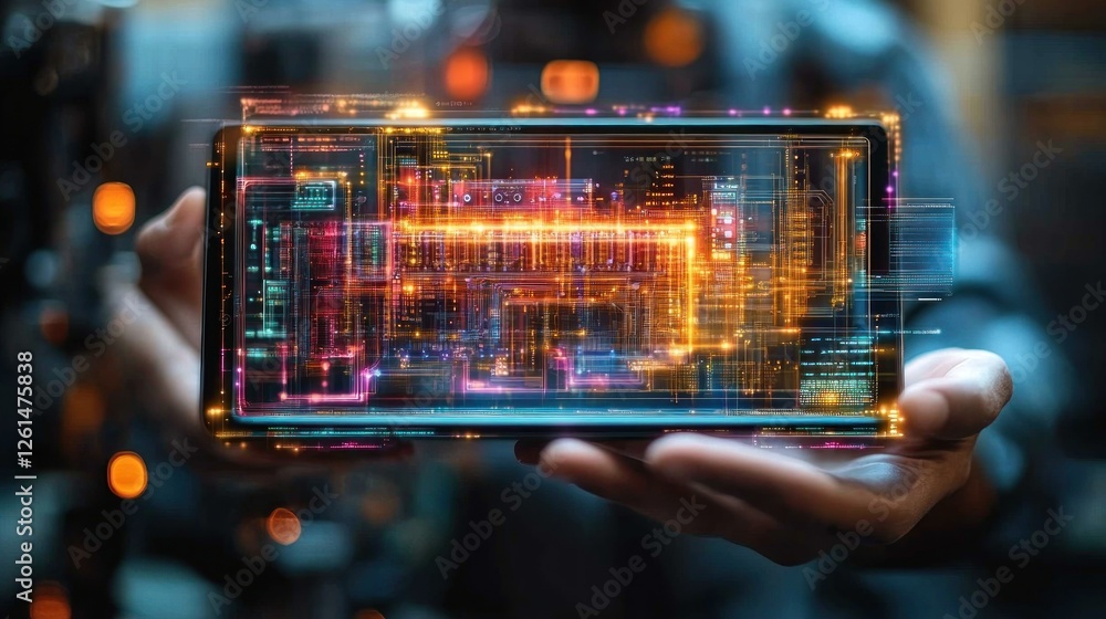 Poster high-tech smartphone with futuristic data interface in hand, digital technology concept