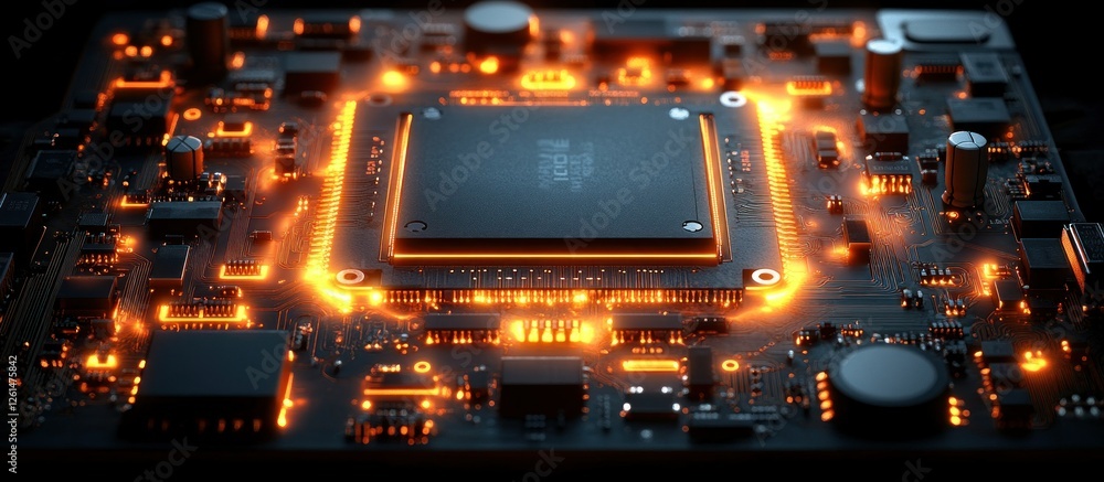 Poster glowing circuit board with microchip and electronic components illuminated in dark background