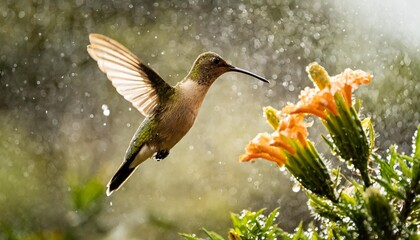 Fototapeta premium Capturing the Graceful Flight of a Hummingbird Hovering Near a Blooming Flower with Dew Drops Glistening in the Morning Light