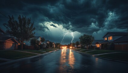 Stormy night, residential street, lightning strikes,  homes,  danger
