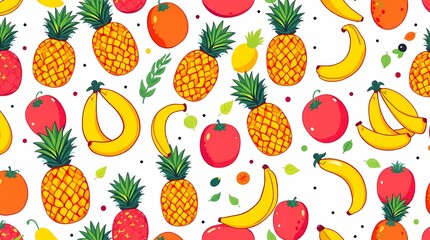 A vibrant seamless pattern of tropical fruits like pineapples, mangoes, and bananas, rendered in a playful cartoon style, using bold outlines and bright, saturated colors, showing a ch.