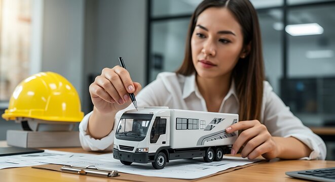 Woman Examining Truck Model Architectural Plans Engineering Design