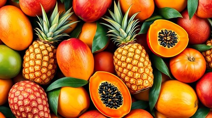 A vibrant, photorealistic seamless pattern showcasing a variety of tropical fruits mangoes, pineapples, and papayas, arranged in a visually appealing, slightly overlapping pattern. Col.