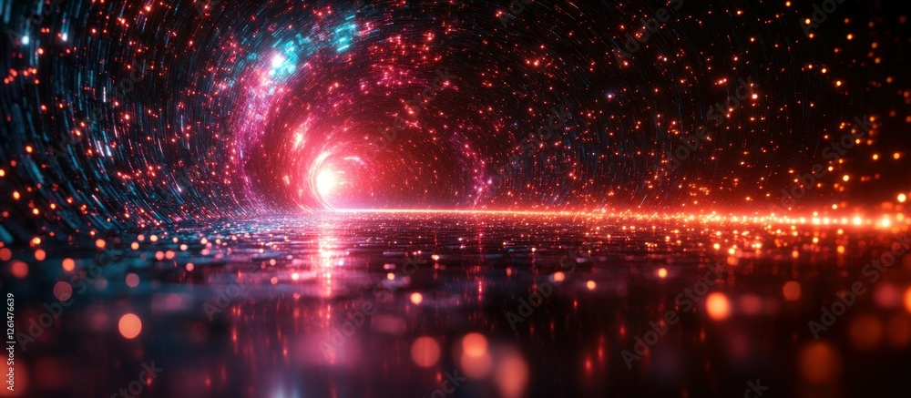 Poster cosmic tunnel of light with glowing particles and reflective surface in dark space