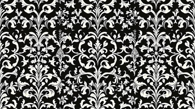 A vintage-inspired seamless pattern composed of ornate damask patterns in a woodcut style, utilizing a monochromatic palette of black and white, with fine lines and intricate details c.
