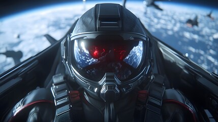 Close-up view of a pilot in a futuristic helmet, gazing out at Earth from a fighter jet cockpit.  Other jets are visible in the distance, suggesting a military or space mission.
