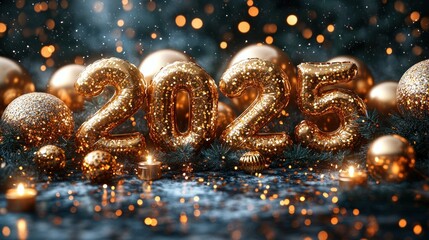 Sparkling Golden 2025 New Year Celebration with Decorations and Soft Bokeh Background