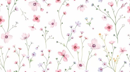 A watercolor seamless pattern depicting delicate wildflowers in soft pastel shades of pink, lavender, and mint green on a creamy white background. The style is loose and painterly, cre.