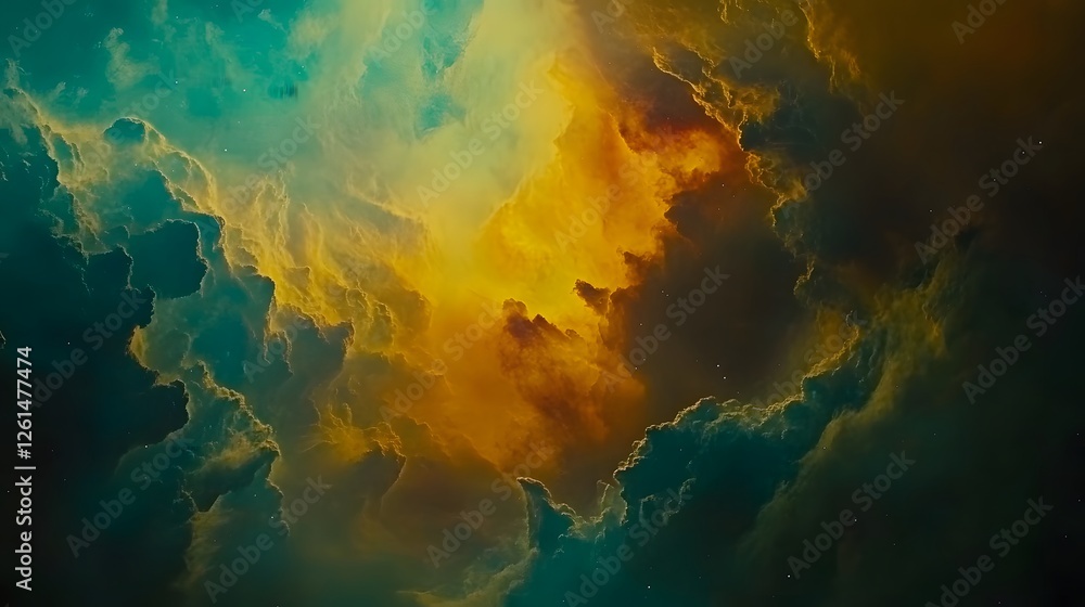 Poster a mesmerizing cosmic landscape of teal and golden nebulae swirling together, creating a vibrant and 