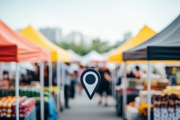Fototapeta premium Colorful Outdoor Market Stalls with Location Symbol Overlay