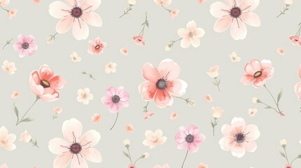 A whimsical seamless pattern of hand-drawn flowers in a watercolor style, featuring soft pastel colors and delicate brushstrokes, creating a romantic and ethereal atmosphere, with a sl.