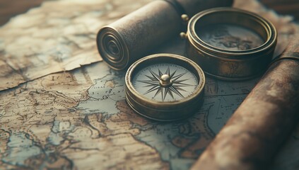 Antique compasses and map on wooden table, exploration theme
