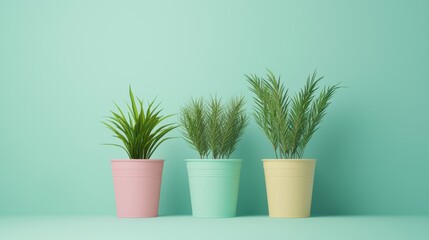 Obraz premium Lush Indoor Plants in Colorful Pots on a Soft Pastel Background