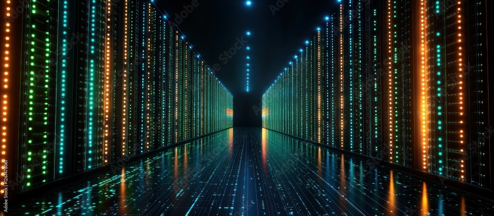 Poster futuristic data center with colorful lights and reflective floor for technology concepts