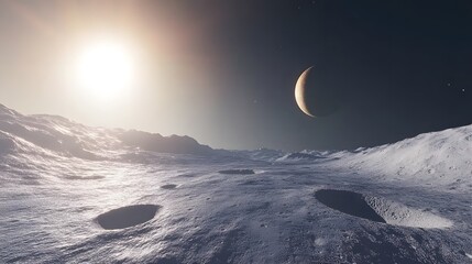 A breathtaking view of an alien planet's surface.  Cratered landscape bathed in the warm glow of a setting sun, with a crescent moon in the dark sky.
