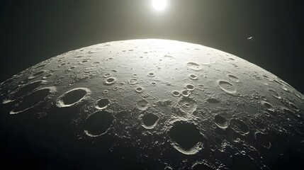 A stunning view of the moon's cratered surface, bathed in sunlight.