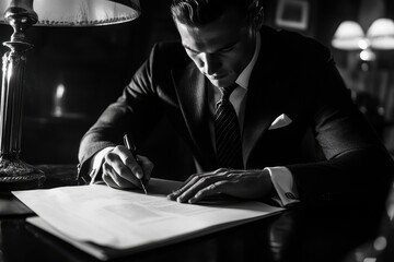Man in suit signing document, pen in hand. Black and white image ideal for business, finance, or legal concepts.