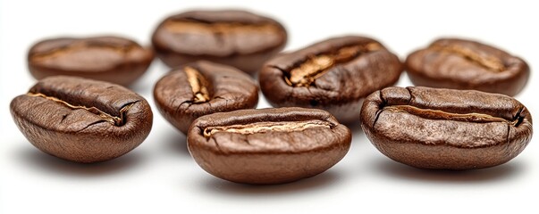 Obraz premium Coffee beans neatly isolated on a white background, emphasizing their rich texture and natural appeal.