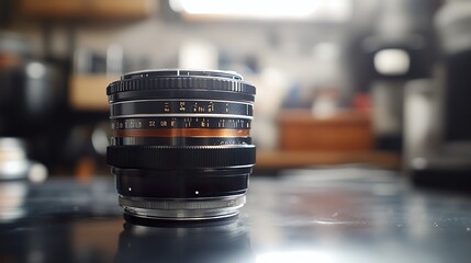 Vintage camera lens on table, blurred workshop background.  For photography blogs and articles