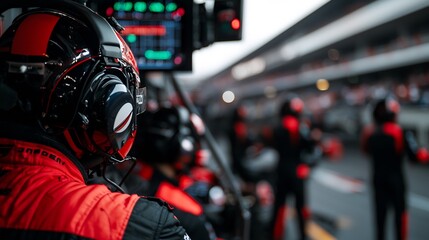 Formula One Pit Crew Members In Red And Black Uniforms Working On Vehicle