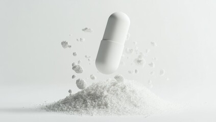 White pill levitating over crushed medicine powder on white background