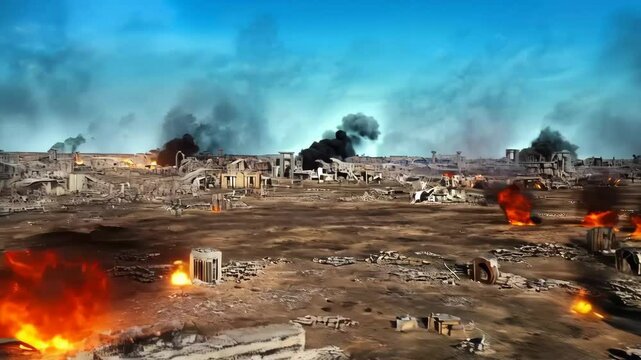 War letters consuming flames, disintegrating into smoldering landscape, revealing urban devastation symbolizing global conflict's destructive power