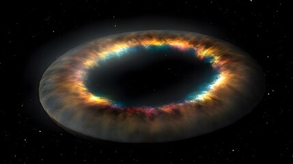 A mesmerizing cosmic ring, vibrant with iridescent hues, floats in the inky blackness of space. Its ethereal glow creates a breathtaking celestial spectacle against the backdrop of distant stars.