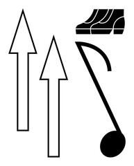 Two upward-pointing arrows adjacent to a musical note and segmented shoe graphics. Ideal for themes of progress, rhythm, direction, motivation, growth, motion, and music. Abstract line flat metaphor