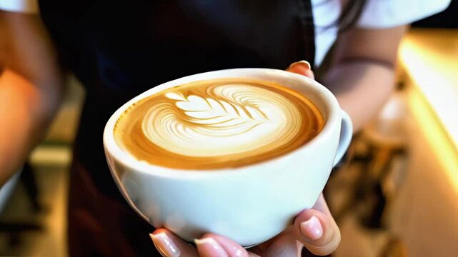 Barista's Hands Crafting Perfect Latte Art in a Cozy Coffee Shop