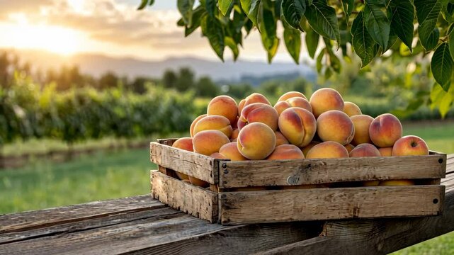 Fresh peaches in wooden crate at sunset, showcasing vineyards bountiful harvest.