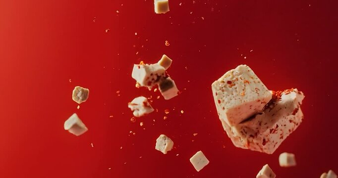 Organic vegetarian tofu floating in the air