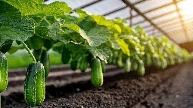 Fresh cucumbers thriving in greenhouse agriculture with vibrant green leaves and sunlight.