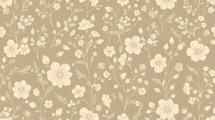 An elegant seamless pattern composed of delicate botanical illustrations, rendered in a vintage botanical print style, featuring muted pastel tones and a flowing, organic layout.