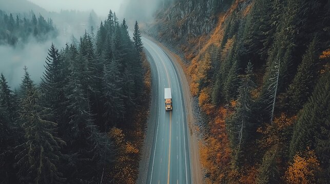Aerial view of a highway winding through a misty forest with a truck in the middle of the road. Autumn foliage surrounding the road.