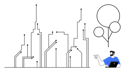 Modern city skyline connected by circuit-thumbs up lines, person in blue shirt with laptop sitting and pointing, minimalistic tree symbols as speech bubbles. Ideal for smart cities, technology