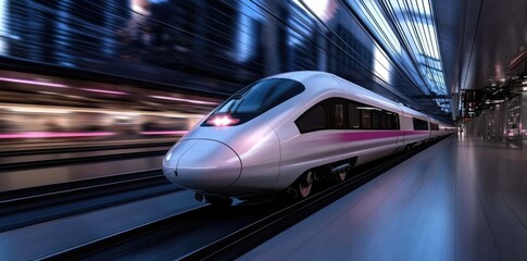 Obraz premium High-speed train depiction: dynamic motion, modernized appearance, cutting-edge design, rapid transport, innovative engineering, sleek travel, futuristic transit, swift movement, advanced railway.