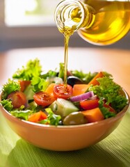 Pouring a Stream of Golden Olive Oil Over a Bowl of Fresh Salad Under Soft Natural Light with Vibrant Colors Popping