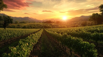 Naklejka premium A scenic vineyard landscape at sunset with rows of grapevines and mountains in the background.