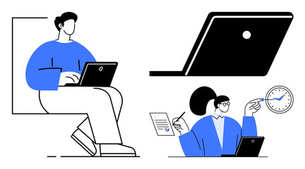People using laptops, managing documents, keeping track of time. Ideal for work from home, digital communication, productivity, freelancing, multitasking time management online learning. Features