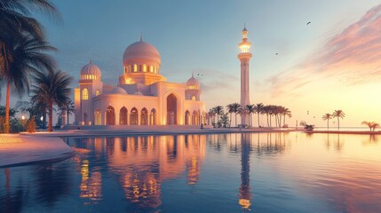 A serene architectural scene featuring a mosque and minaret at sunset by a reflective water body.